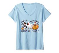 Mujer Chickens Ghost Witch Disfraz de Halloween para Pollito o Trato Espeluznante Camiseta Cuello V