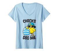 Mujer Chicks Dig Me Happy Easter Day Hunting Huevos Divertido Humor Chicos Camiseta Cuello V