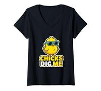 Mujer Chicks Dig Me Pascua Humor Vacaciones Temporada Granjero Primavera Camiseta Cuello V
