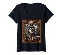 Mujer Chihuahua de Pelo Largo Steampunk Científico Loco Camiseta Cuello V