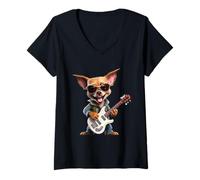 Mujer Chihuahua Rocker Dog Guitarra Eléctrica Camiseta Cuello V
