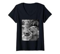 Mujer Chill Capybara Sunglasses Tropical Pond Minimalist Animal Camiseta Cuello V
