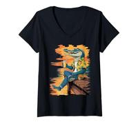 Mujer Chill Cocodrilo Relajándose Junto al Agua Puesta de Sol Tropical Camiseta Cuello V
