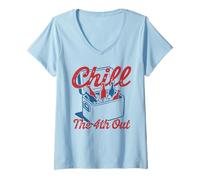Mujer Chill The 4th out Cooler Chistoso BBQ Boda USA Picnic Verano Camiseta Cuello V