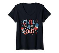 Mujer Chill the 4th Out, divertido helado con cohetes estadounidenses, fuegos artificiales retro Camiseta Cuello V