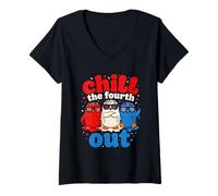 Mujer Chill The Fourth out America Patriotic 4 of July Penguins Camiseta Cuello V