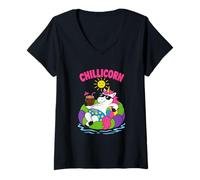 Mujer Chillicorn - Flotador de Piscina Divertido Unicornio para Vacaciones de Verano Camiseta Cuello V