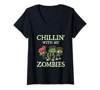Mujer Chillin con Mis Zombies Divertido Halloween Zombie Camiseta Cuello V