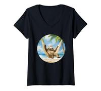 Mujer Chillin' Sloth en una hamaca para amantes de la playa y las vacaciones Camiseta Cuello V