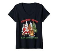 Mujer Chillin' with Santa and Bigfoot Funny Christmas Hot Cocoa Camiseta Cuello V