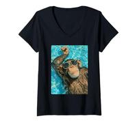 Mujer Chimpancé Divertido con Gafas de Sol Cool Summer Animal Natación Camiseta Cuello V