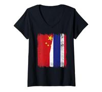Mujer China, Tailandia, Media Bandera, raíces tailandesas Chinas Camiseta Cuello V
