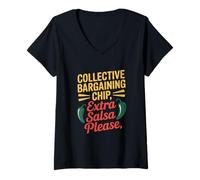 Mujer Chip de negociación colectiva Salsa extra por favor Día del Trabajo Camiseta Cuello V