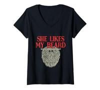 Mujer Chistes Masculinos con Texto en inglés She Likes My Beard Camiseta Cuello V
