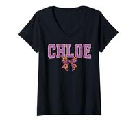 Mujer Chloe Leopard Bow Name Diseño para Mujeres y niñas Camiseta Cuello V