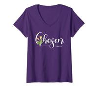 Mujer Chosen 1 Peter 2:9 - Camiseta Cristiana con Mensaje Inspirador Camiseta Cuello V, Morado, M