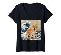 Mujer Chow Chow Japonés Kanagawa Wave Surfing Dog Lover Camiseta Cuello V