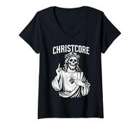 Mujer Christcore Jesus Skull Sagrado Corazón Cristiano Metal Diseño Camiseta Cuello V