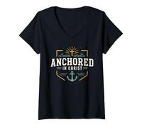 Mujer Christian Anchored in Christ Faith Anchor Cross Camiseta Cuello V