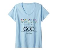 Mujer Christian Bible Verse Romans 8:28 We Know God Works for Good Camiseta Cuello V