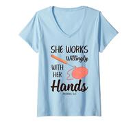 Mujer Christian Crochet Idea - Ella Trabaja voluntariamente con Sus Manos Camiseta Cuello V