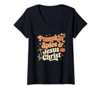 Mujer Christian Fall Pumpkin Spice & Jesucristo Chica religiosa Camiseta Cuello V