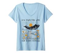 Mujer Christian His Mercies California Poppies Mañana Camiseta Cuello V