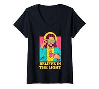 Mujer Christian Jesus Cree en la luz Anime Retro Pop Art Camiseta Cuello V