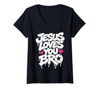 Mujer Christian Jesus te ama, Hermano, Divertido, humorístico, corazón de fe Camiseta Cuello V