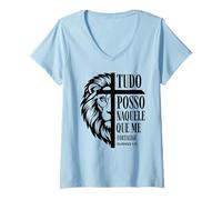 Mujer Christian Lion Cross Tudo POSSO Filipenses 4:13 Verso de la Biblia Camiseta Cuello V