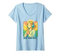 Mujer Christian Lo-fi Anime Manga Oración Estética Mantén Tu Fe Camiseta Cuello V