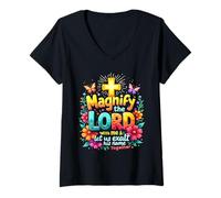 Mujer Christian Magnify the Lord Christian Faith Biblia Verso Jesús Camiseta Cuello V