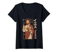 Mujer Christian Manga Jesucristo Sagrado Corazón Cruz Anime Art Camiseta Cuello V