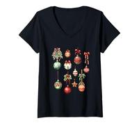 Mujer Christmas Baubles Retro Ornament Art Camiseta Cuello V