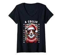 Mujer Christmas Border Collie Pun Walking In A Collie Wonderland Camiseta Cuello V