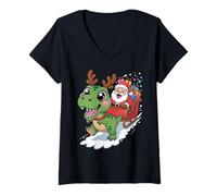 Mujer Christmas Dino T-Rex - Papá Noel Sleigh Ride Funny 2025 Xmas Camiseta Cuello V