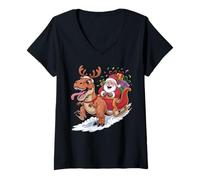 Mujer Christmas Dino T-Rex - Papá Noel Sleigh Ride Funny Xmas Kids Camiseta Cuello V