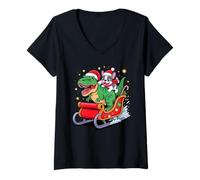 Mujer Christmas French Bulldog Sleigh T-Rex Dinosaur Frenchie Camiseta Cuello V