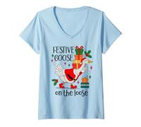 Mujer Christmas Goose Festive Goose on The Loose Duck Xmas Holiday Camiseta Cuello V