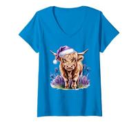 Mujer Christmas Highland Cow Purple Thistles Cow Lovers Mujeres Niños Camiseta Cuello V