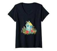Mujer Christmas Holiday Wreath Birdhouse Birds & Bells Camiseta Cuello V