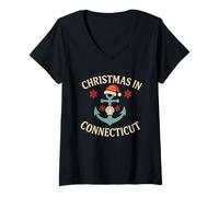 Mujer Christmas in Connecticut - Camisa náutica con Ancla de Papá Noel Camiseta Cuello V
