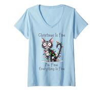 Mujer Christmas Is Fine I'm Fine Grumpy Black Xmas Cat Chaos Camiseta Cuello V