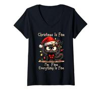 Mujer Christmas Is Fine I'm Fine Grumpy Xmas Cat Camiseta Cuello V