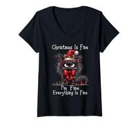 Mujer Christmas Is Fine I'm Fine Grumpy Xmas Cat Camiseta Cuello V