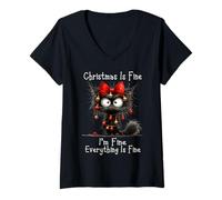 Mujer Christmas Is Fine I'm Fine Grumpy Xmas Cat Camiseta Cuello V