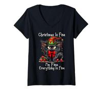 Mujer Christmas Is Fine I'm Fine Grumpy Xmas Cat Camiseta Cuello V