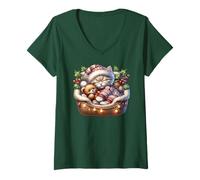Mujer Christmas Kitten In Cozy Cat Bed For Winter Aesthetic Xmas Camiseta Cuello V