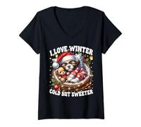 Mujer Christmas Lights and Shih Tzu Puppy For Xmas I Love Winter Camiseta Cuello V
