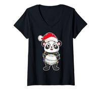 Mujer Christmas Lights Panda Wearing Xmas Hat - Cute Panda Lover Camiseta Cuello V